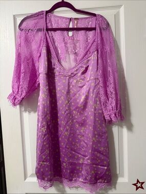 Free People Lavender Lace Slip Dress with Gold Polka Dots